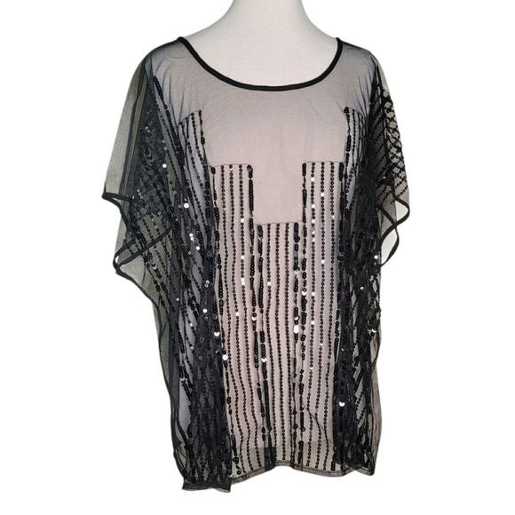 Sheer Black and Sequined Short Sleeved Tie Back Top - Picture 1 of 4